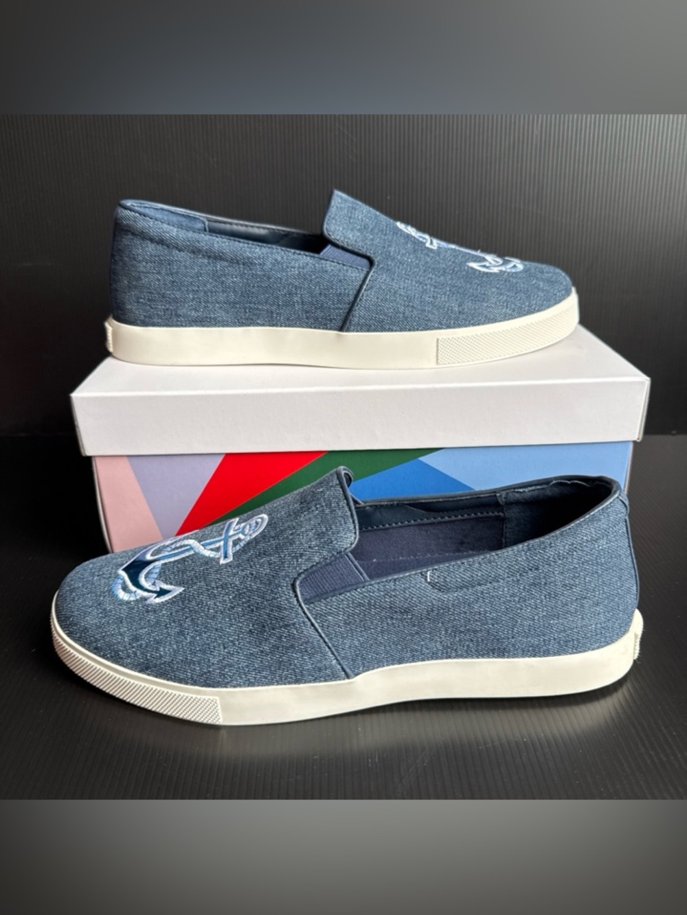 NIB Katy Perry The Kerry Canvas Anchor Blue Denim Slip-On Shoes Womens Size 10